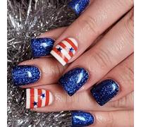 Faux ongles carrés courts patriotiques à bout français à presser sur toute la couverture - Faux ongles pour le jour de l'indépendance