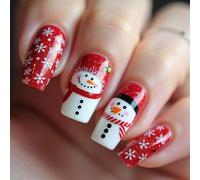 Faux ongles carrés de taille moyenne à presser pour Noël Bonhomme de neige Faux ongles blancs Flocon de neige Couverture complète Ongles à coller