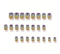 Faux ongles carrés élégants à coller Motif trèfle et arc-en-ciel