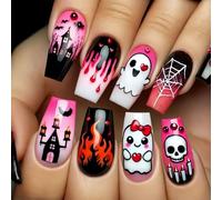 Faux Ongles Carrés Faciles À Appliquer Thème D'Halloween Crâne Rose Durabilité Construction En ABS Pour Fêtes Costumées Usage Quotidien Faux Ongles Carrés Moyens Et Longs