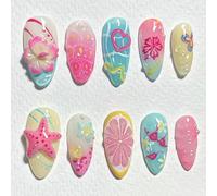 Faux ongles colorés à clipser - Pour l'été - Plage - Avec perles 3D - Fleur - Cœur - Papillon - Forme d'amande - Couverture complète - Faux ongles à coller - Mignons