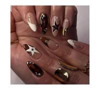 Faux Ongles Colorés À Pression En Étoile À Cinq Branches, Rayures Rouges, Style Français, Amande Jaune, Pointes Européennes, 24 Pièces Décorations Manucure(Y4)