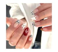 Faux Ongles Colorés À Pression En Étoile À Cinq Branches, Rayures Rouges, Style Français, Amande Jaune, Pointes Européennes, 24 Pièces Manucure DIY(Y5)