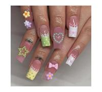 Faux Ongles Colorés À Pression En Étoile À Cinq Branches, Rayures Rouges, Style Français, Amande Jaune, Pointes Européennes, 24 Pièces Manucure DIY(Y3)