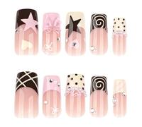 Faux Ongles Colorés À Pression En Étoile À Cinq Branches, Rayures Rouges, Style Français, Amande Jaune, Pointes Européennes, 24 Pièces Manucure DIY(Y1)