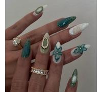 Faux Ongles Court MouyouGlow,Amande 3D Fleurs de Lys Floral Irregular Polka Dot À Pois Stripes Design Y2k Press on Nails avec Colle à Ongles,Flowers Striped INS Fake Nails