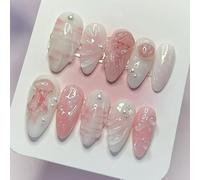 Faux Ongles Court MouyouGlow,Amande Blanc Base 3D Méduses Coquille Pattern Perle Design Y2k Press on Nails avec Colle à Ongles,Jellyfish Shell Ocean Eté INS Fake Nails
