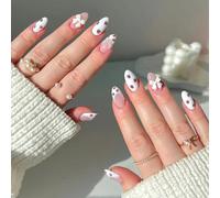 Faux Ongles Court MouyouGlow,Amande Blanc Fraises French 3D Noeud Papillon Perle Sweet Y2k Press on Nails avec Colle à Ongles,White Strawberries Tips INS Fake Nails pour Femmes & Filles