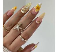 Faux Ongles Court MouyouGlow,Amande Blanc French 3D Fleurs Florales Etoile de Mer Shell Striped Pearl Design Y2k Press on Nails avec Colle à Ongles,White Tips Flowers Eté INS Fake Nails