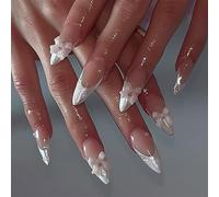 Faux Ongles Court MouyouGlow,Amande Blanc French 3D Noeud Papillon Perle Y2k Press on Nails avec Colle à Ongles,White Tips INS Fake Nails pour Femmes & Filles