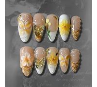 Faux Ongles Court MouyouGlow,Amande Blanc French 3D Papillon Fleurs Florales Or Gold Beads Striped Design Short Y2K Press on Nails,White Butterfly Sweet Eté INS Fake Nails pour Femme