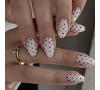 Faux Ongles Court MouyouGlow,Amande Blanc Noir Pois Design Short Press on Nails,White Base Black Polka Dots Retro-Chic Flair Été Printemps Et Automne Sweet Fake Nails