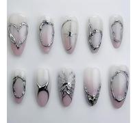 Faux Ongles Court MouyouGlow,Amande Blanc Ombré Rose 3D Argent Striped French Chrome Cœur Étoile Design Y2K Press on Nails avec Colle à Ongles,White Ombre Pink Silver Wavy Fake Nails