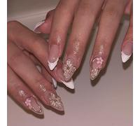 Faux Ongles Court MouyouGlow,Amande Blanc Striped French 3D Fleurs Floral Or Cercle Design Y2k Press on Nails avec Colle à Ongles,White Tips Flowers Été INS Sweet Fake Nails