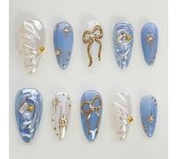 Faux Ongles Court MouyouGlow,Amande Bleu 3D Or Noeud Papillon Bow Etoiles Ocea Striped Perle Design Y2k Press on Nails avec Colle à Ongles,Diamant Sweet INS Fake Nails