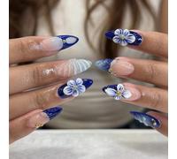 Faux Ongles Court MouyouGlow,Amande Bleu Foncé French 3D Fleurs Florales Water Rib Striped Or Bead Design Y2k Press on Nails avec Colle à Ongles,Blue Tips Flowers INS Fake Nails