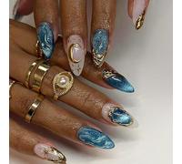 Faux Ongles Court MouyouGlow,Amande Bleu Gold French 3D Etoiles Mer Lune Cat Eye Magnetic Papillon Design Short Press on Nails,Blue Or Tips Eté INS Fake Nails pour Femme