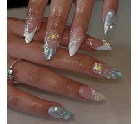 Faux Ongles Court MouyouGlow,Amande Bleu Sweet Sirène Océan French 3D Bulle Shellb Perle Étoiles de mer Glazed Donut Coquette Y2K Press on Nails avec Colle à Ongles,Ocean Fake Nails