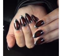 Faux Ongles Court MouyouGlow,Amande Bordeaux Rouge Argent French Cercles nails Press on Nails avec Colle à Ongles,Dark Wine Red Silber Fake Nails