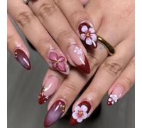 Faux Ongles Court MouyouGlow,Amande Bordeaux Rouge Wavy French 3D Fleurs Florales Or Design Short Press on Nails,Red Tips Flower Gold Bohnen Printemps et Automne INS Fake Nails pour Femme