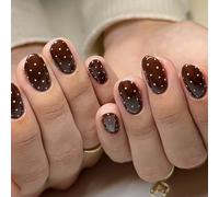 Faux Ongles Court MouyouGlow,Amande Brun Blanc Pois Design Short Style Rétro-chic Press on Nails,Brown Base White Polka Dots Printemps Et Automne Sweet Fake Nails