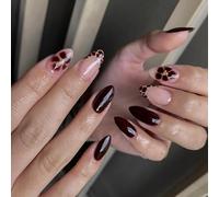 Faux Ongles Court MouyouGlow,Amande Brun Léopard French Fleurs Florales 3D Or Beads Design Press on Nails,Brown Base Tips Flowers Gold Automne et Hiver Fake Nails