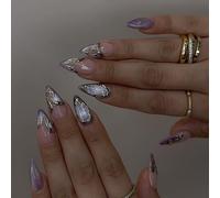 Faux Ongles Court MouyouGlow,Amande Cat Eye Baby Lila French Argent Aura Striped Magnetic Press on Nails avec Colle à Ongles,Purple Tips Silver Twill Phototherapy Fake Nails