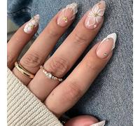 Faux Ongles Court MouyouGlow,Amande Dégradé Blanc French 3D Fleurs Florales Etoile de Mer Striped Pearl Design Y2k Press on Nails avec Colle à Ongles,Ombre White Flowers Eté INS Fake Nails