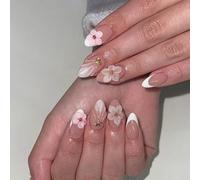 Faux Ongles Court MouyouGlow,Amande Dégradé Blanc French 3D Fleurs Florales Etoile de Mer Wavy Pearl Design Y2k Press on Nails avec Colle à Ongles,White Tips Flowers Eté INS Fake Nails