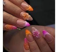 Faux Ongles Court MouyouGlow,Amande Dégradé Violett French 3D Fleurs Florales Etoile de Mer Diamant Striped Design Y2k Press on Nails avec Colle à Ongles,Ombre Flowers Eté Fake Nails