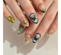 Faux Ongles Court MouyouGlow,Amande French 3D Papillon Étoiles et Lune Cat Eye Œil de Chat Magnetic Design Paillettes Short Press on Nails,Gold Or Sweet Diamant Été INS Fake Nails pour Femme