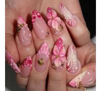 Faux Ongles Court MouyouGlow,Amande Gradient Rose French Fleurs Floral Perle Etoile de Mer Design Short Press on Nails,Pink Tips Strass Sweet Eté INS Fake Nails pour Femme