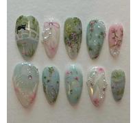 Faux Ongles Court MouyouGlow,Amande Lac des Jardins Garden Lake Chat Bow Papillon Florido 3D Pearl Crystal Sweet Rose Bleu Vert Press on Nails avec Colle à Ongles,Flower Été INS Fake Nails
