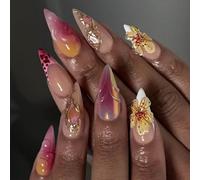 Faux Ongles Court MouyouGlow,Amande Leopard French 3D Fleurs Floral Or Striped Paillettes Design Y2k Press on Nails avec Colle à Ongles,Pink Dégradé Flowers Été INS Sweet Fake Nails