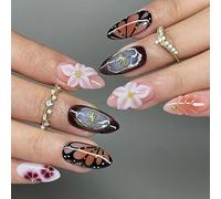 Faux Ongles Court MouyouGlow,Amande Noir 3D Fleurs Florales Or Beads Étoiles Striped Design Press on Nails,Black Pink Flowers Wavy Automne et Hiver Fake Nails