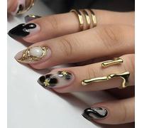 Faux Ongles Court MouyouGlow,Amande Noir French 3D Gold Wave Etoile de Mer Aura Fleurs Floral Strass Perle Gothic Press on Nails avec Colle à Ongles,Black Acryl Autumn Fake Nails