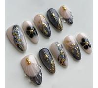 Faux Ongles Court MouyouGlow,Amande Noir Paillettes French 3D Or Etoiles Fleurs Florales Design Y2k Press on Nails avec Colle à Ongles,Black Tips Star Bling INS Sweet Fake Nails