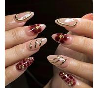 Faux Ongles Court MouyouGlow,Amande Nude 3D Rouge Fleurs Florales Or Striped Wavy Design Y2k Press on Nails avec Colle à Ongles,Brown Tips Flowers INS Fake Nails