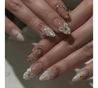 Faux Ongles Court MouyouGlow,Amande Nude Blanc French 3D Fleurs Florales Etoile de Mer Or Gold Aura Perle Coquille Press on Nails avec Colle à Ongles,Gradient White Shell Y2K INS Fake Nails