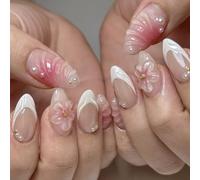 Faux Ongles Court MouyouGlow,Amande Nude Blanc French 3D Fleurs Florales Shell Striped Perle Design Y2k Press on Nails avec Colle à Ongles,White Tips Flowers Eté INS Sweet Fake Nails