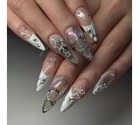 Faux Ongles Court MouyouGlow,Amande Nude Blanc French Gradient Noir 3D Chrome Perle Argent Feu Rhinestones Cool Y2K Coquette Gothic Press on Nails avec Colle à Ongles,Fantasy Grey Fake Nails