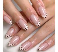 Faux Ongles Court MouyouGlow,Amande Nude Blanc Pois French Design Short Style Rétro-chic Press on Nails,Natural Base White Polka Dots Été Printemps Et Automne Cute Sweet Fake Nails