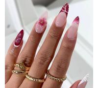 Faux Ongles Court MouyouGlow,Amande Nude Blanc Striped French 3D Fleurs Floral Design Y2K Press on Nails avec Colle à Ongles,White Tips Flowers Silver Wavy Été INS Fake Nails