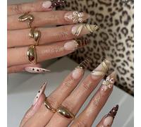 Faux Ongles Court MouyouGlow,Amande Nude Léopard French 3D Fleurs Florales Or Gold Diamant Chain Design Press on Nails,Brown Tips Flowers Crystal Retro-Chic Flair Automne Hiver INS Fake Nails