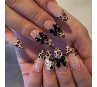 Faux Ongles Court MouyouGlow,Amande Nude Léopard French 3D Kitty Bow Noeud Papillon Crystal Cute kawai Chat Anime Press on Nails avec Colle à Ongles,Y2K Coquette Fake Nails