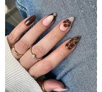 Faux Ongles Court MouyouGlow,Amande Nude Marron Fleurs Floral Leopard Aura Automne Doré Perle Press on Nails avec Colle à Ongles,Brown Flowers Autumn Acryl Fake Nails