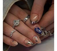 Faux Ongles Court MouyouGlow,Amande Nude Oro French Bleu Étoile Diamant Design Press on Nails avec Colle à Ongles,Natural Base Golden Tips Blue Strass Fake Nails