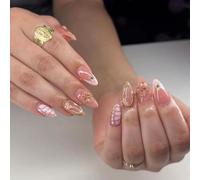 Faux Ongles Court MouyouGlow,Amande Nude Rose French 3D Fleurs Florales Motif Crocodile Or Gold Aura Été Strass Étoile Press on Nails avec Colle à Ongles,Pink Tips Y2K INS Fake Nails