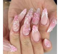 Faux Ongles Court MouyouGlow,Amande Nude Rose French 3D Fleurs Florales Papillon Été Press on Nails avec Colle à Ongles,Pink Tips Butterfly Y2K INS Fake Nails
