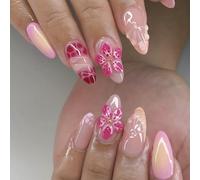 Faux Ongles Court MouyouGlow,Amande Nude Rose French 3D Fleurs Florales Shell Design Y2k Press on Nails avec Colle à Ongles,Pink Tips Flowers Eté INS Fake Nails